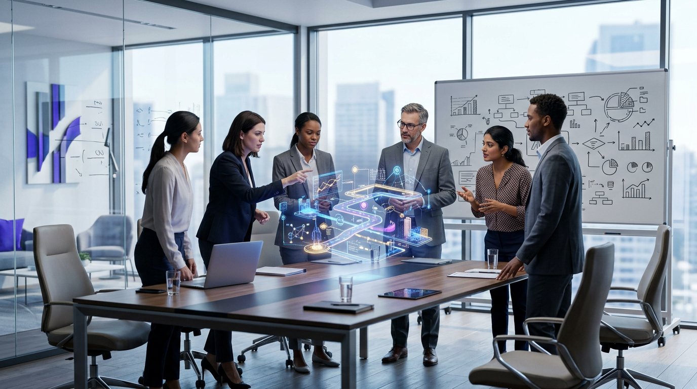 IT consulting strategy session with AI roadmap hologram
